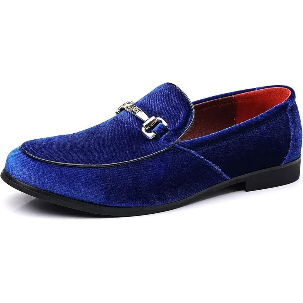Cosidram Mens Size 15 Blue Velvet Gold Accent Slide On Low Heel Loafers Shoes
